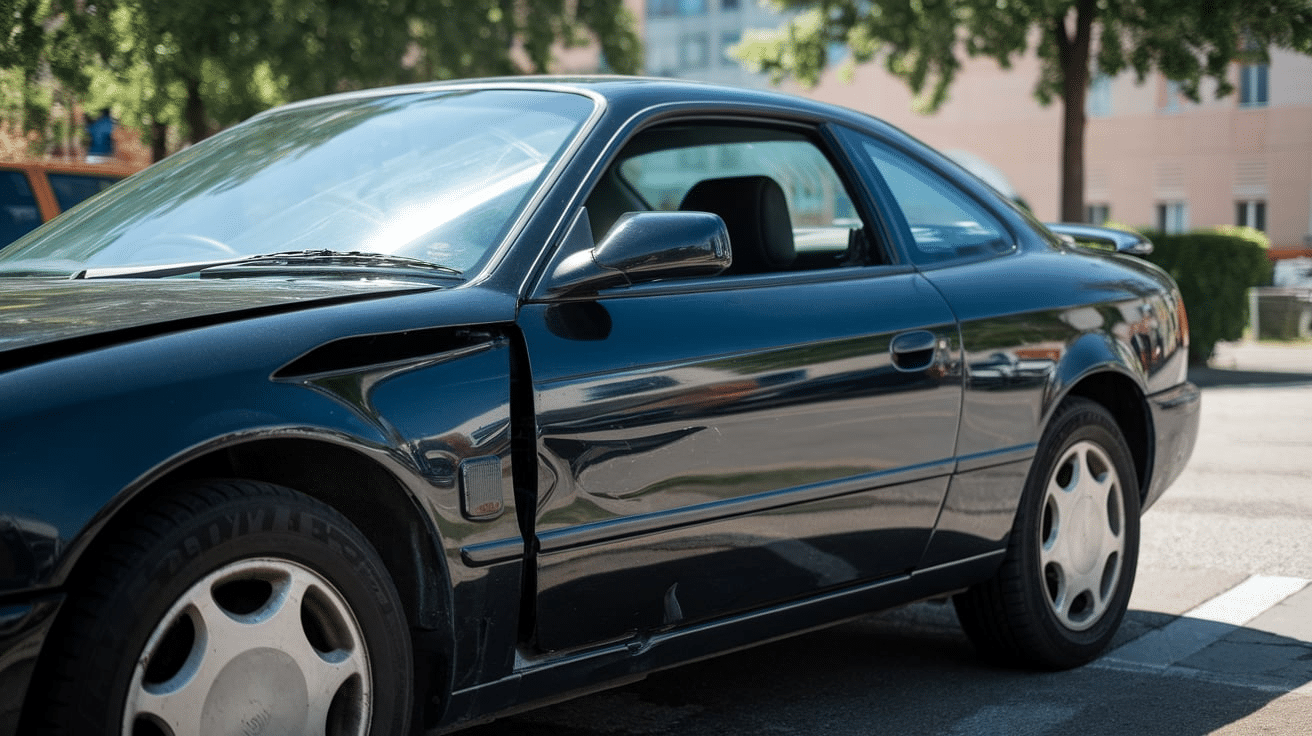 black car with a small dent on the door